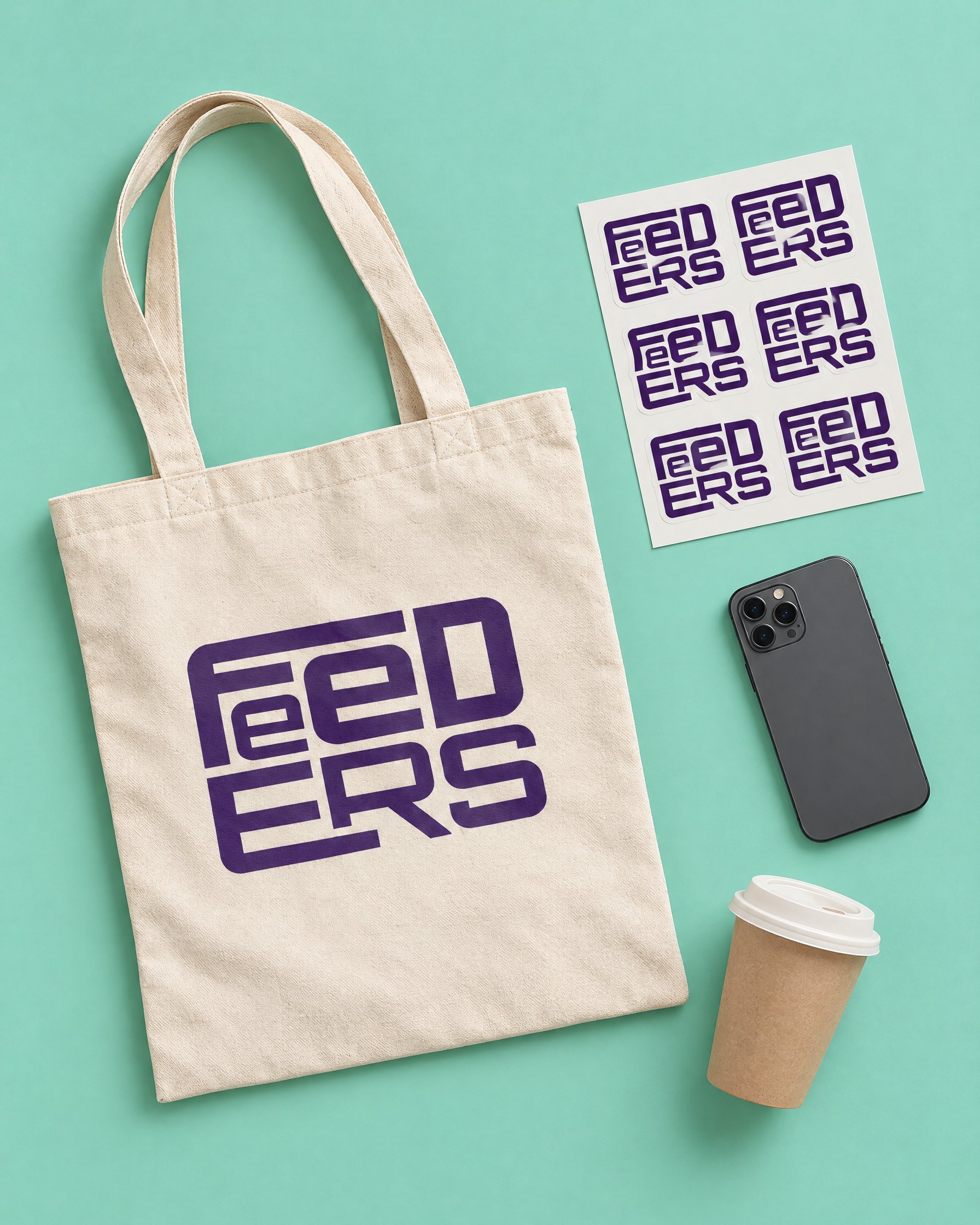 FEEDERS tote bag, stickers, phone and coffee cup on mint