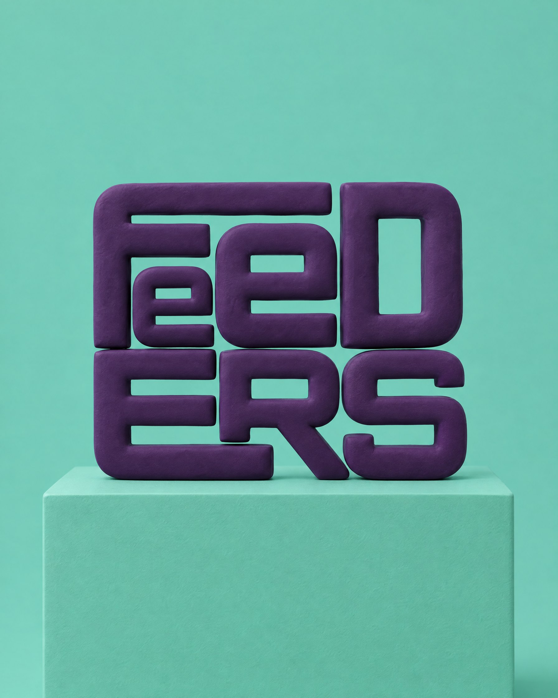 FEEDERS logo as a 3D purple sculpture on a mint block