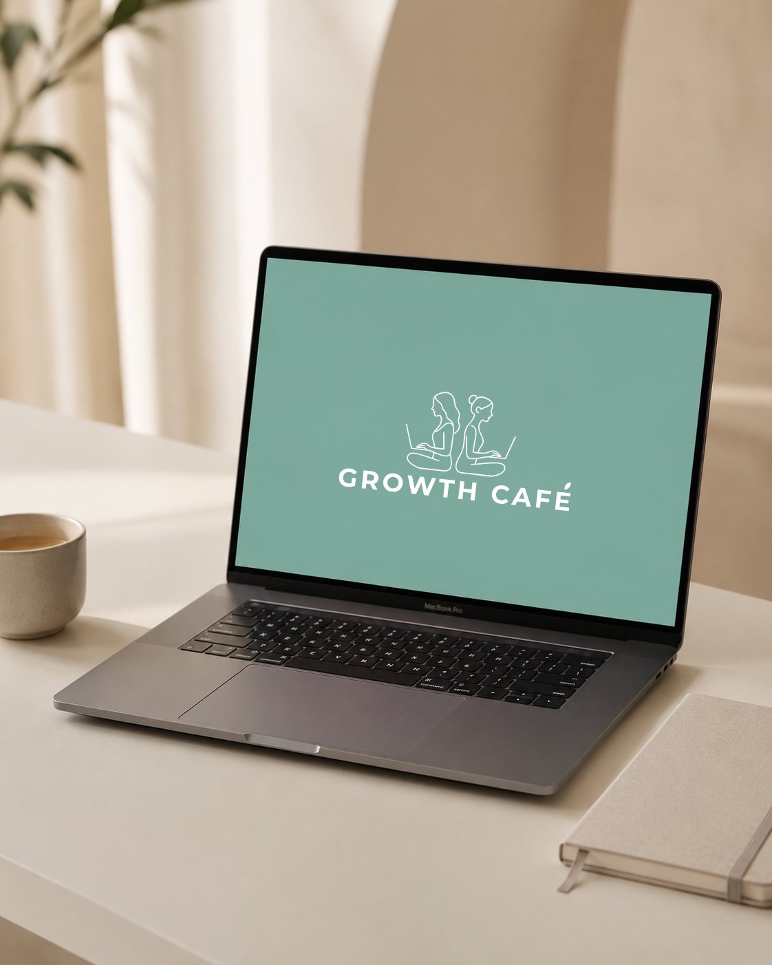 Laptop showing the Growth Cafe logo of two women back to back