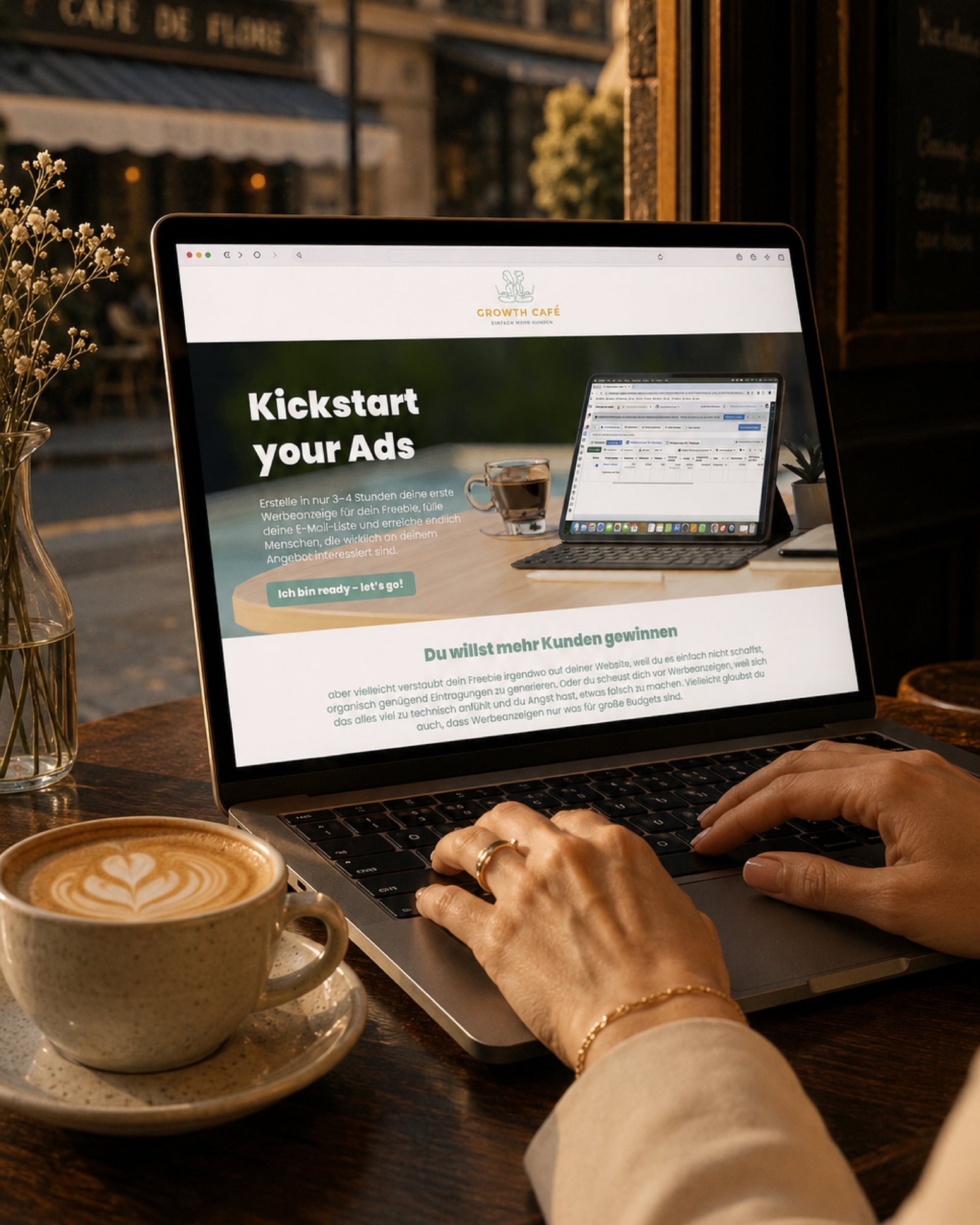 Laptop with the Growth Cafe Kickstart your Ads web page in a cafe