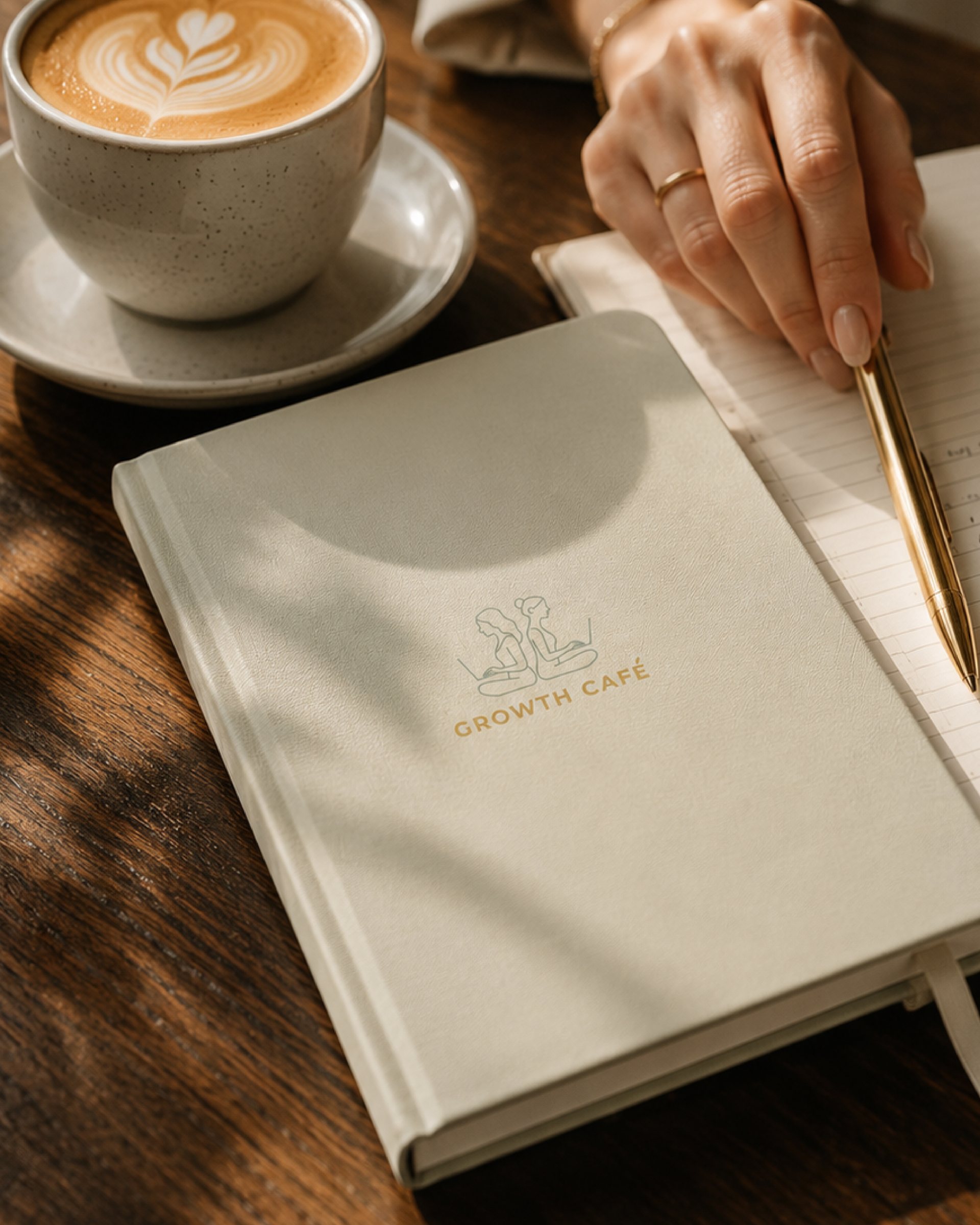 Notebook with the Growth Cafe logo beside a cup of coffee