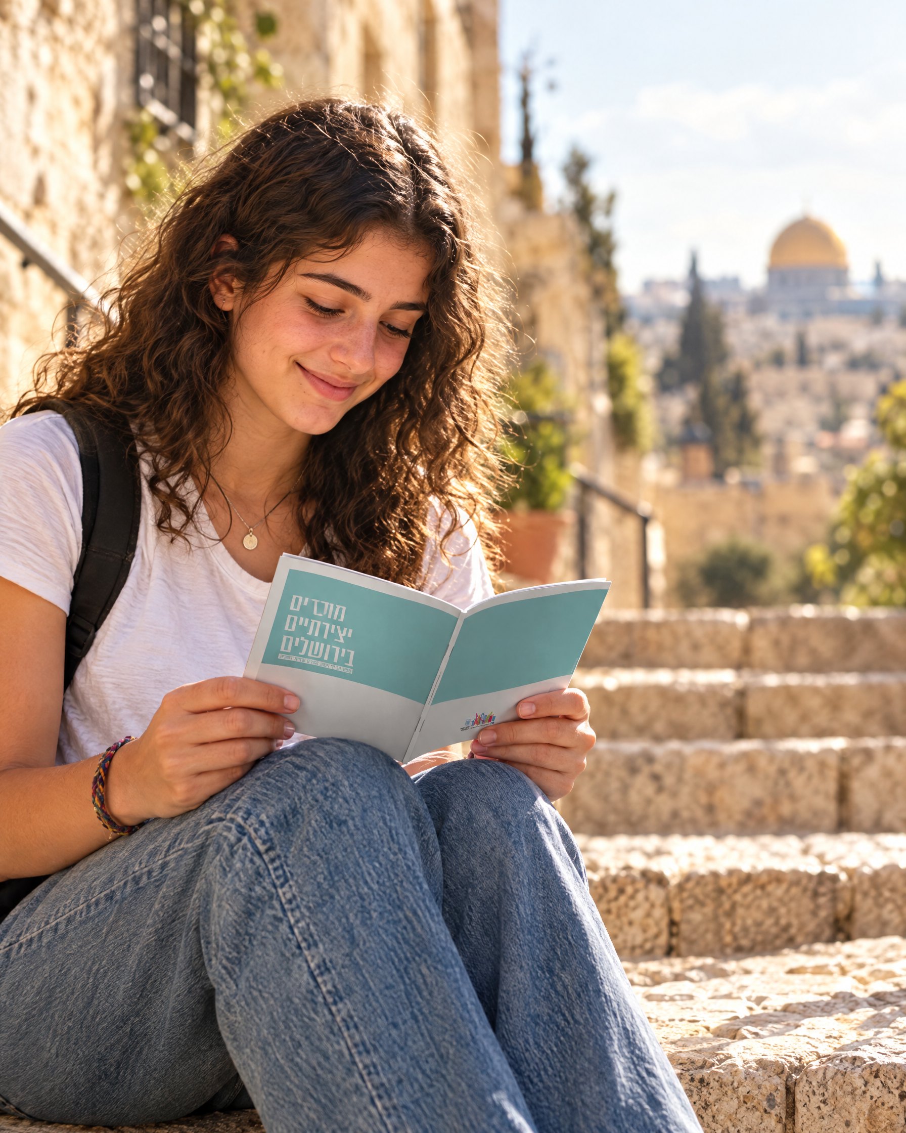 Young woman reading the booklet on stone steps with the Old City behind her