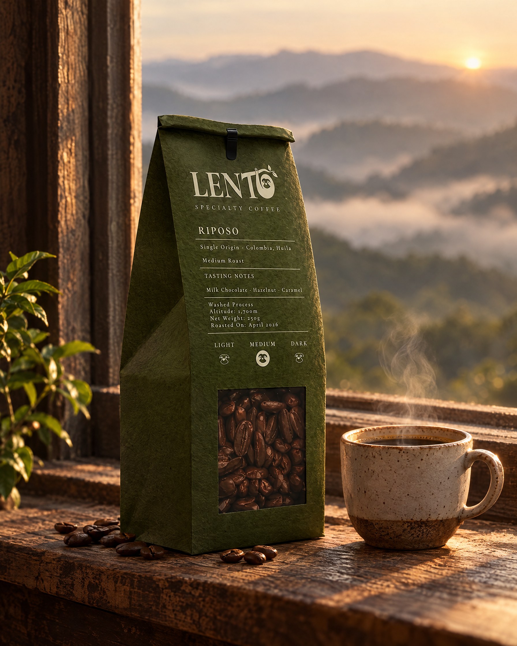 Green LENTO coffee bag and a cup on a windowsill above misty hills at sunrise