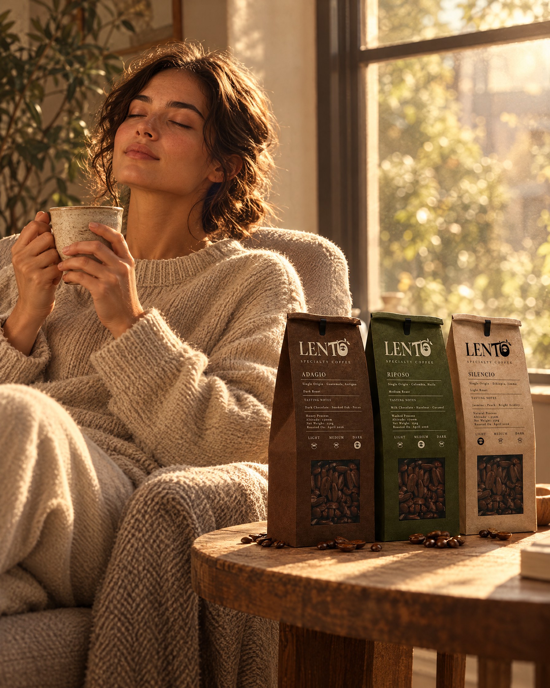 Woman with a cup of coffee by a window beside three LENTO bags, from the Slow mornings campaign