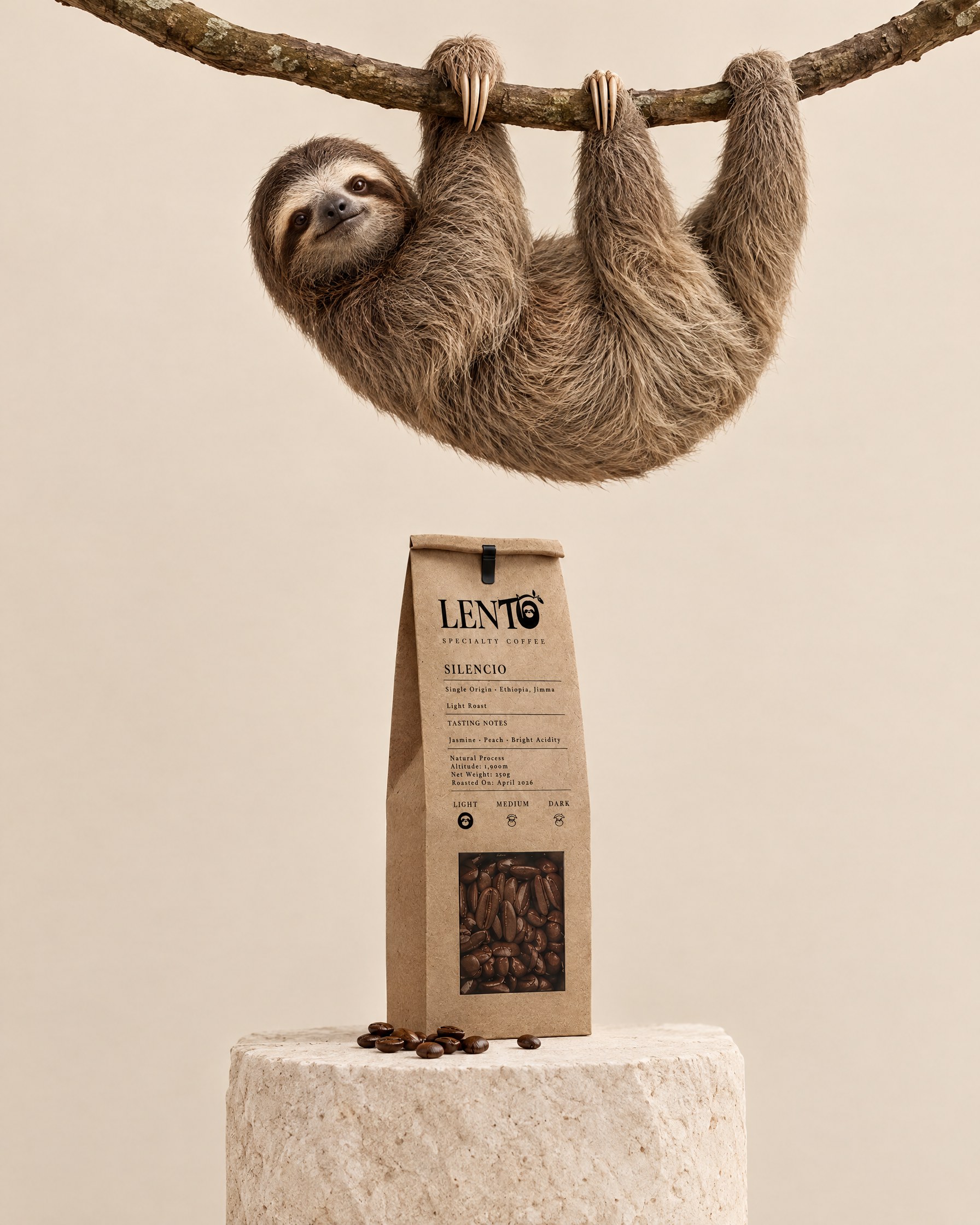 Sloth hanging from a branch above a LENTO coffee bag