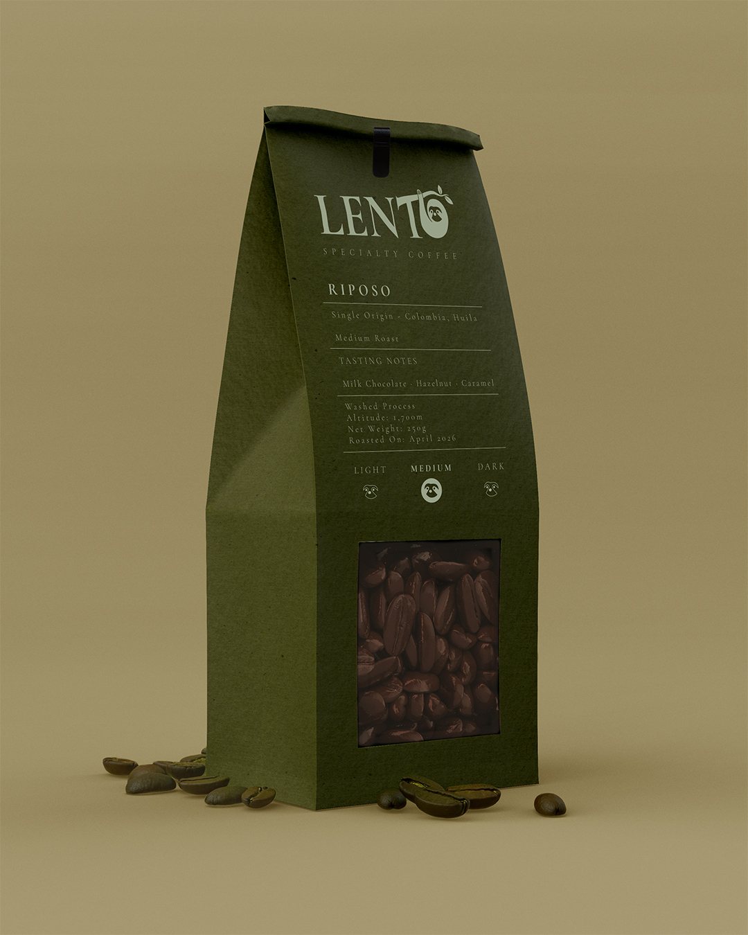 Green LENTO Riposo coffee bag with a window showing the beans