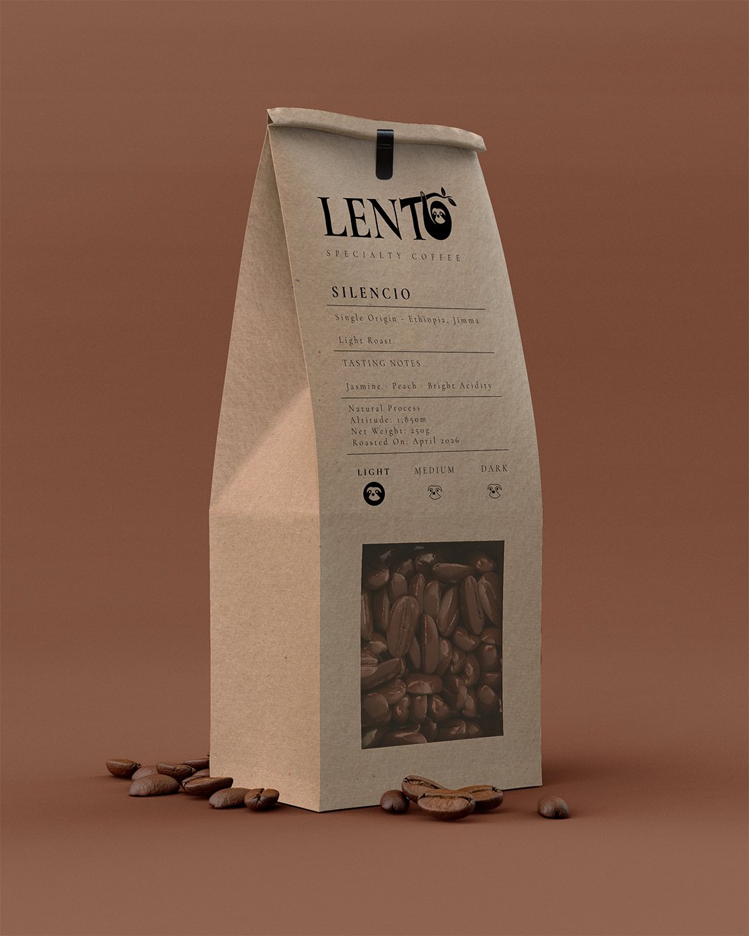 Kraft LENTO Silencio coffee bag on a terracotta background