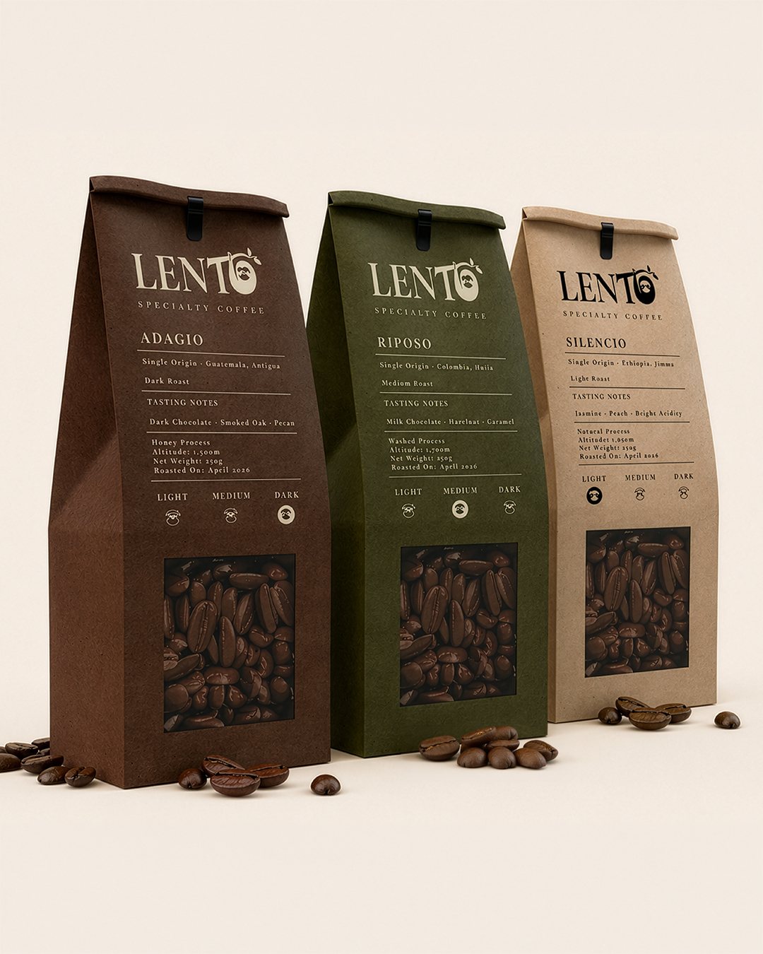 The three LENTO roasts side by side: Adagio, Riposo and Silencio
