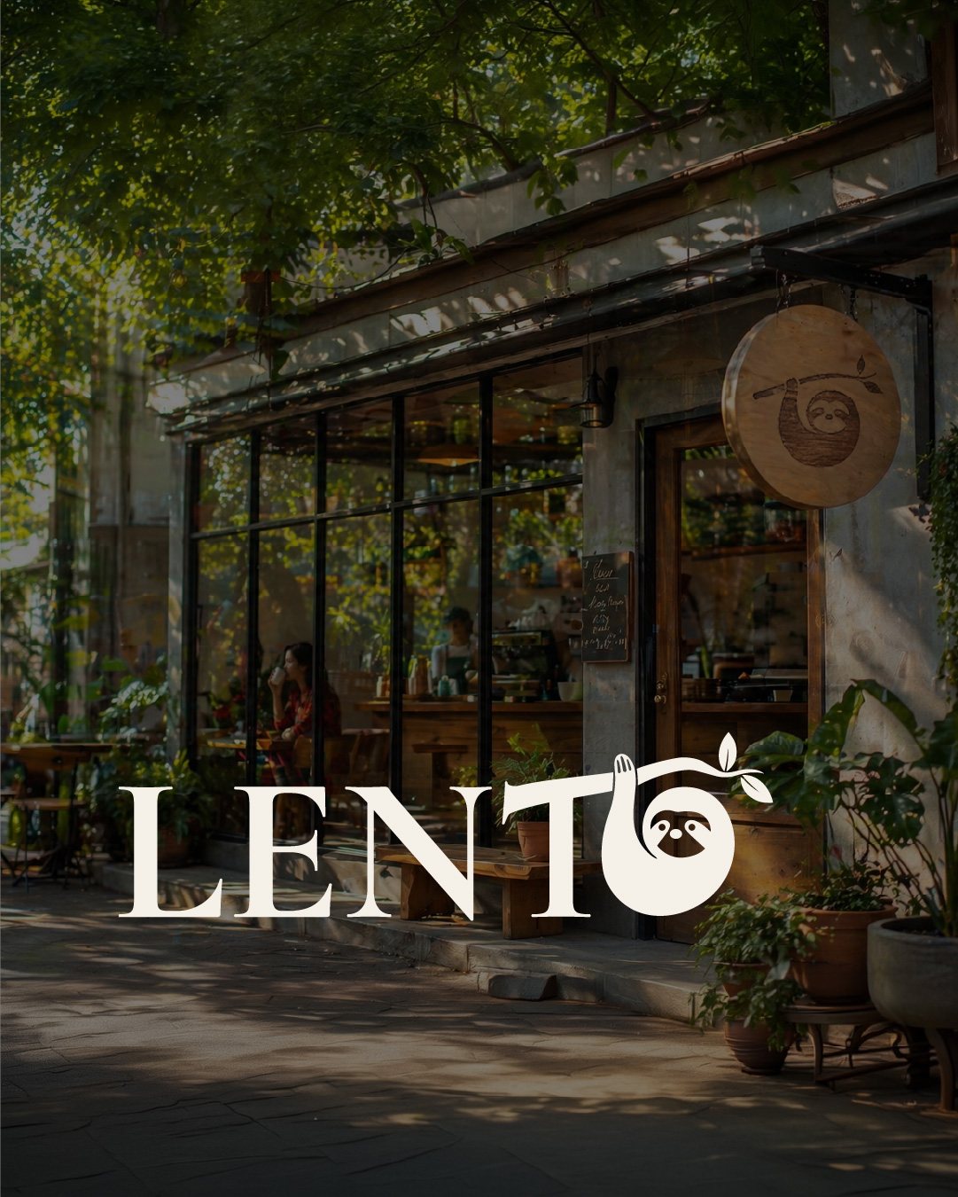 LENTO logo over a coffee shop terrace with a round sloth sign