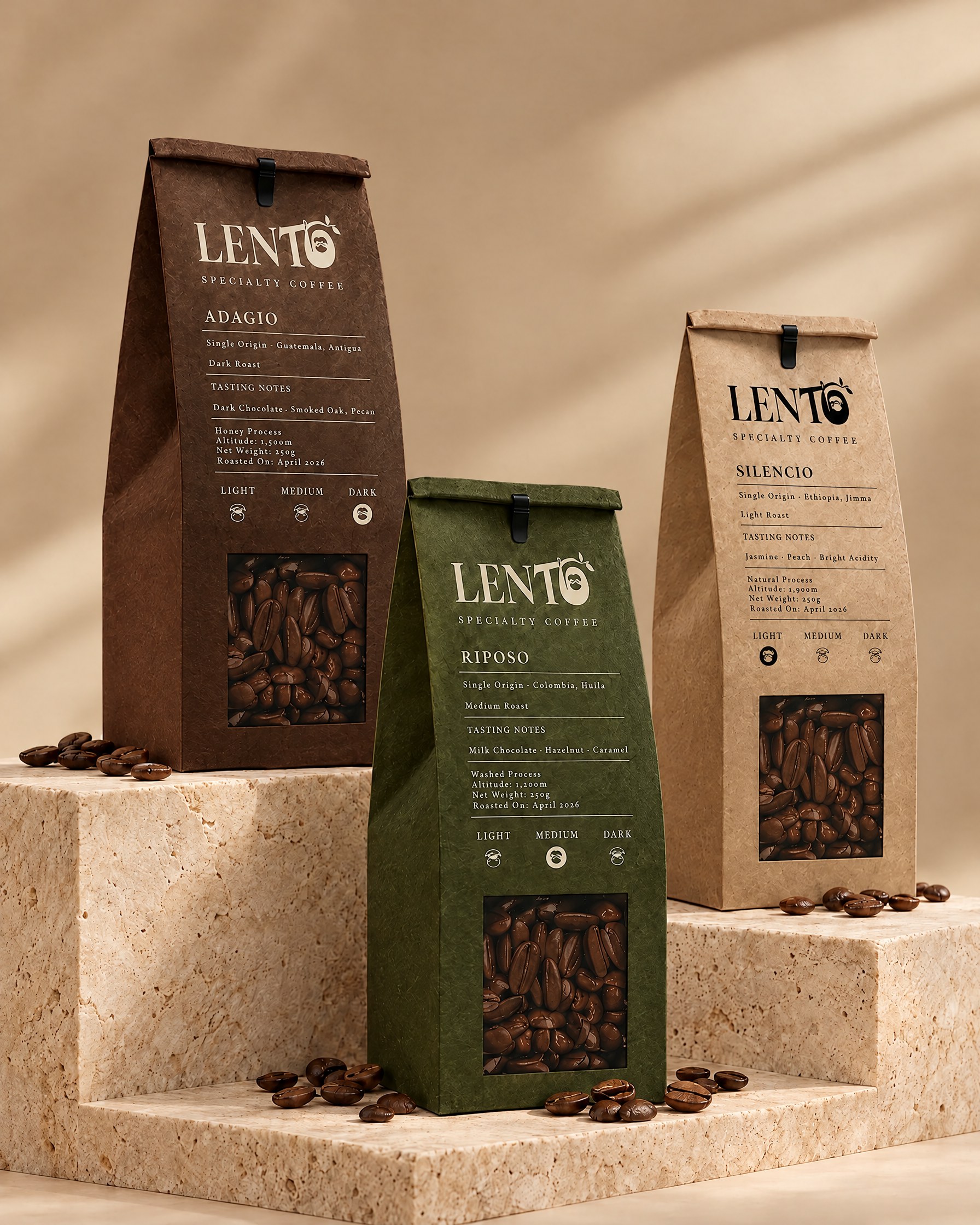LENTO specialty coffee bags in brown, green and kraft on stone blocks