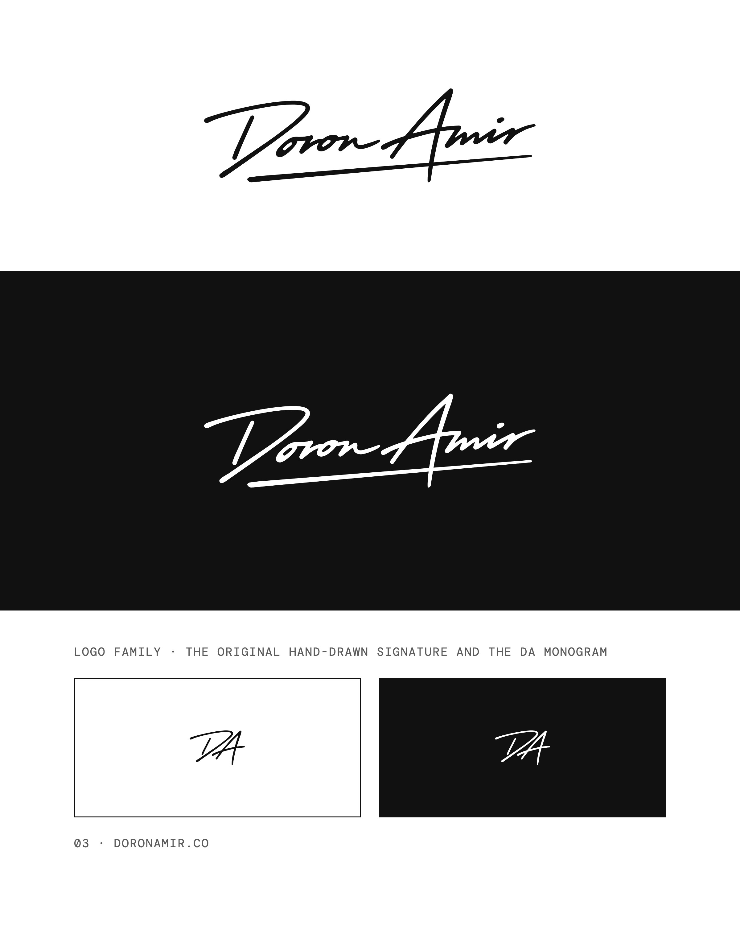 Logo family: the hand-drawn signature on white and on black, and the DA monogram