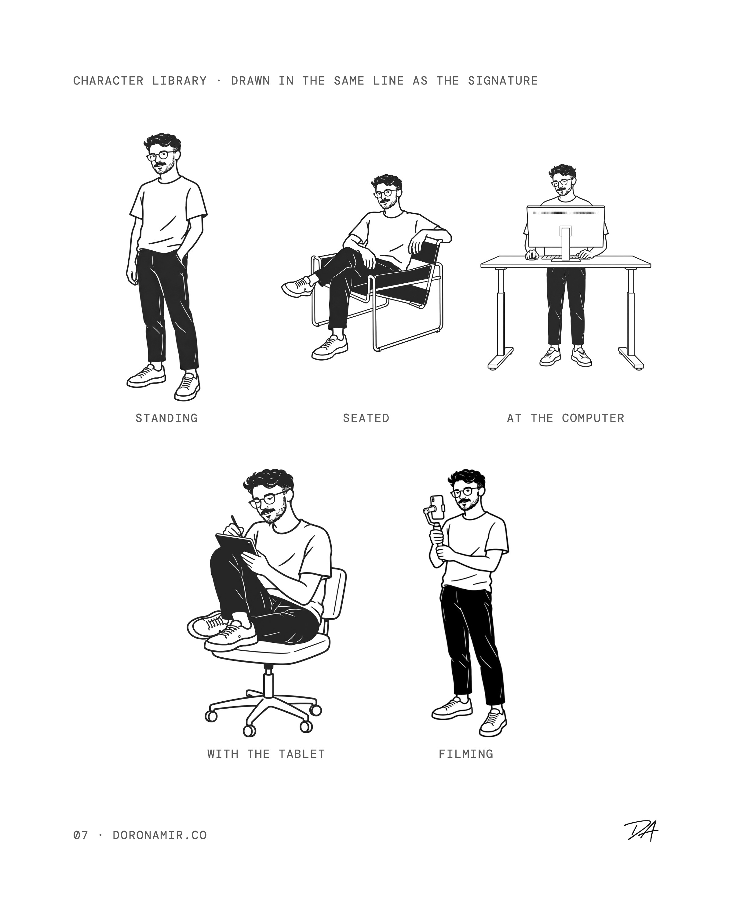 Character library: Doron standing, seated, at the computer, with a tablet and filming
