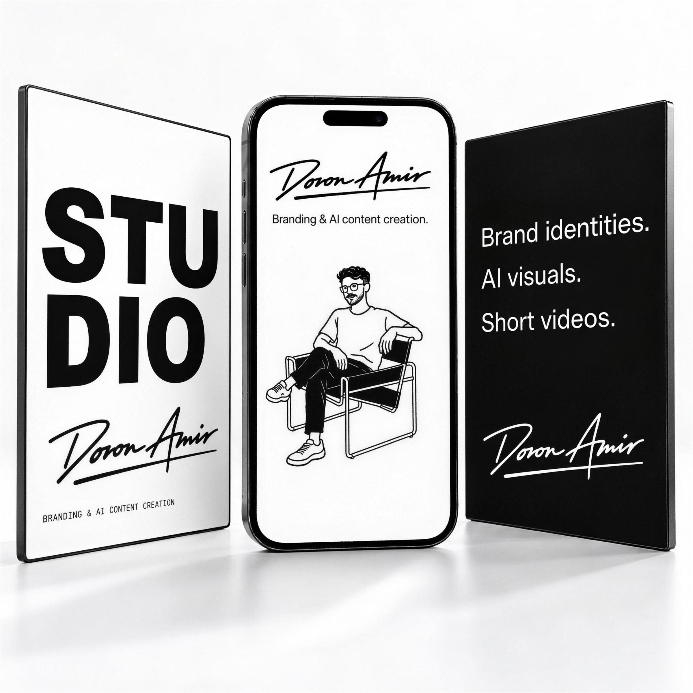 Studio identity on three screens: STUDIO poster, phone with the seated character, black panel with the services