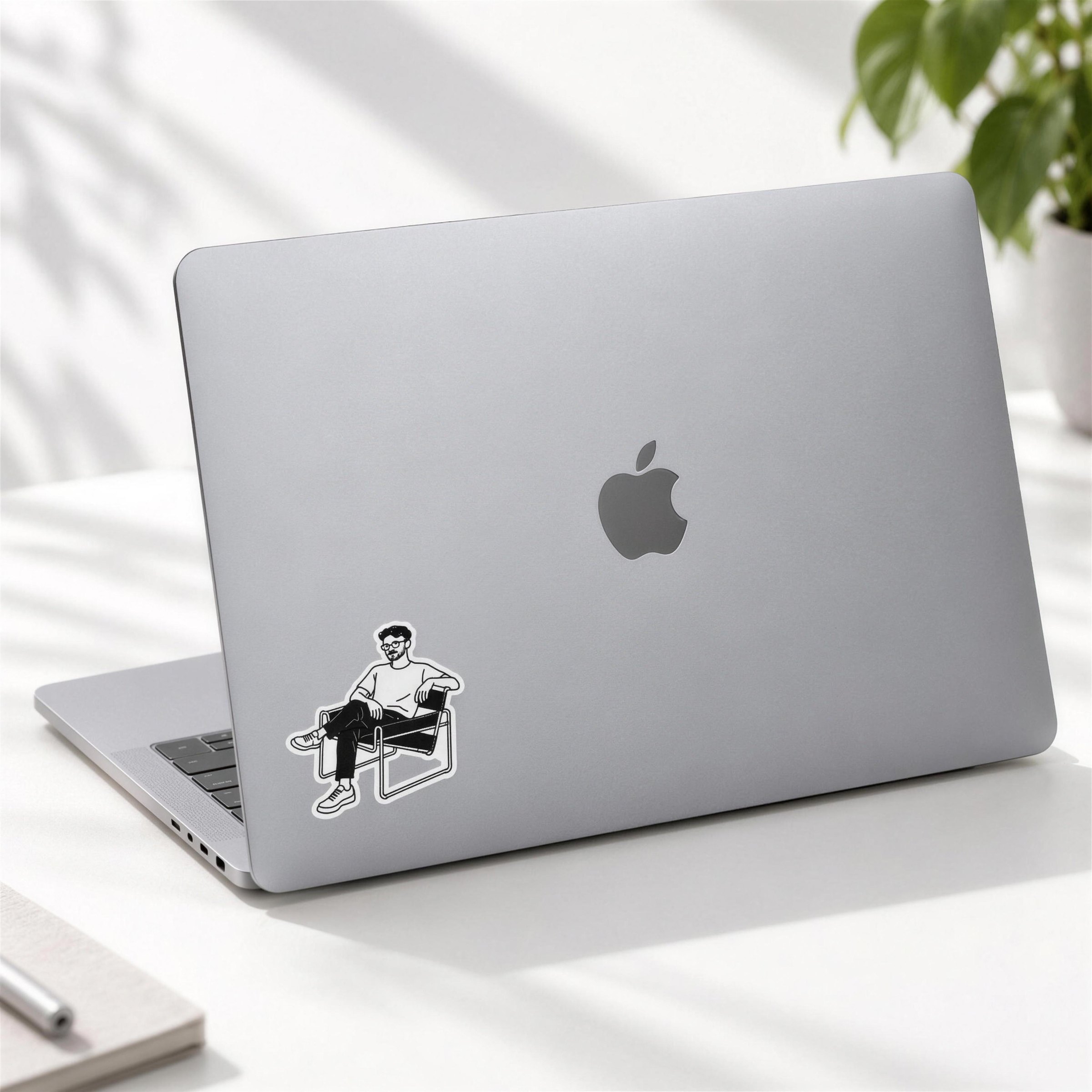 Silver laptop lid with the hand-drawn seated character sticker