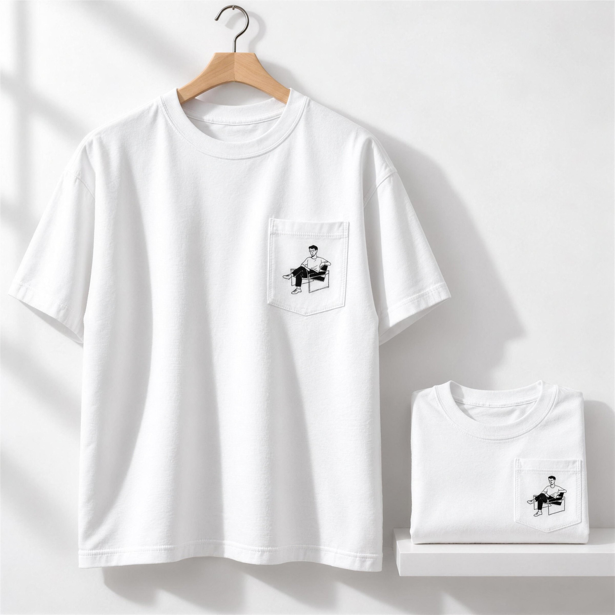 White T-shirts with the seated character printed on the pocket