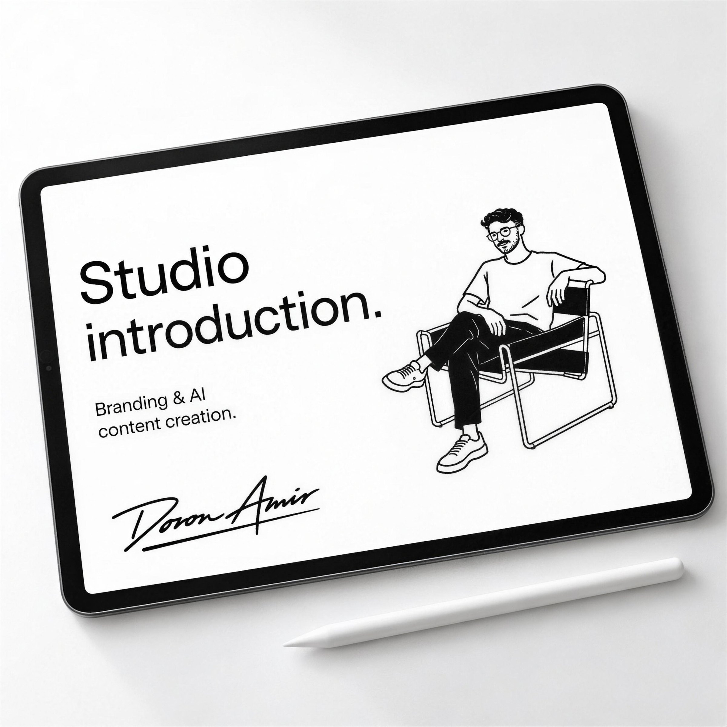 Tablet showing the studio introduction deck with the seated character