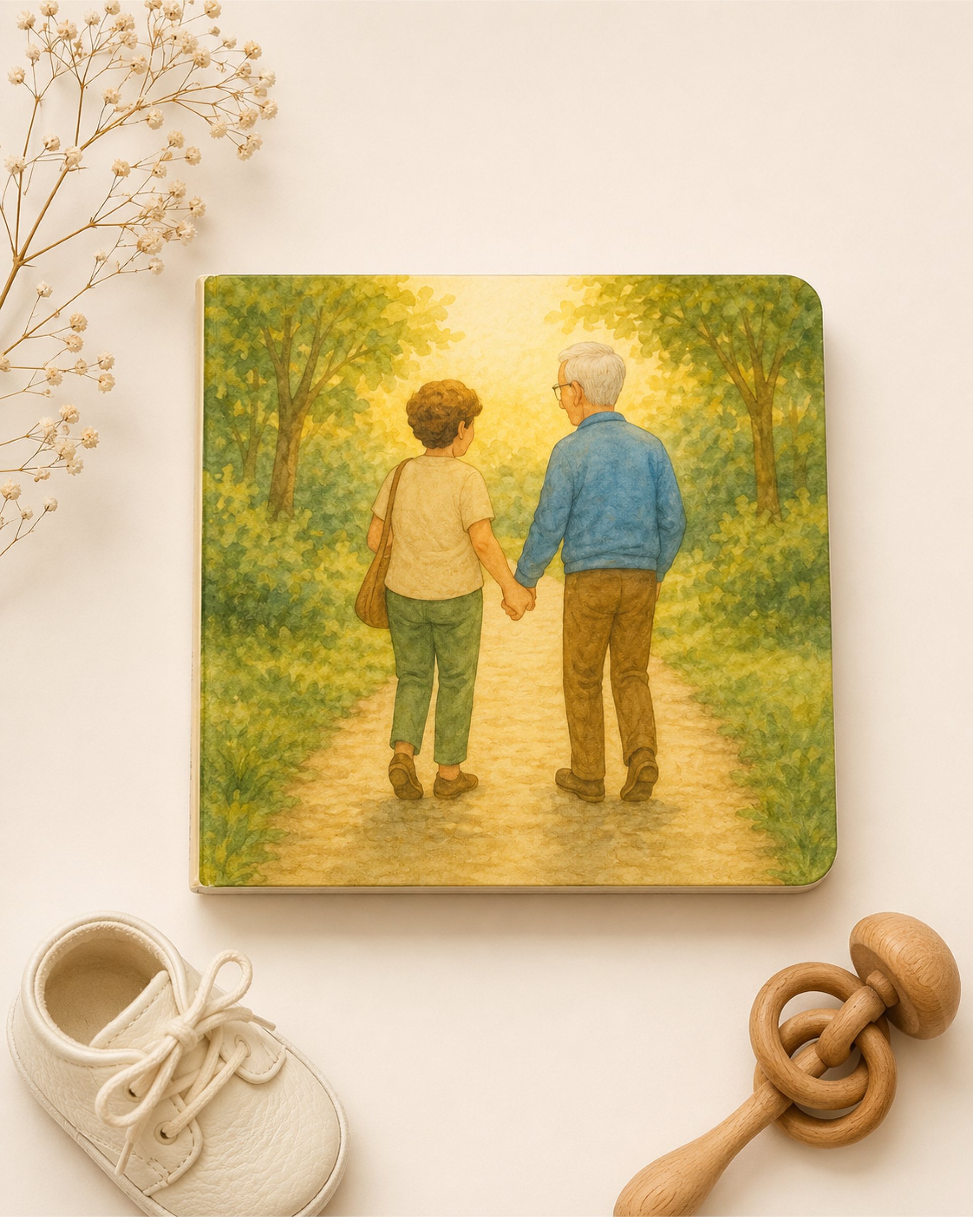 The Wide Heart back cover: grandparents walking hand in hand down a garden path