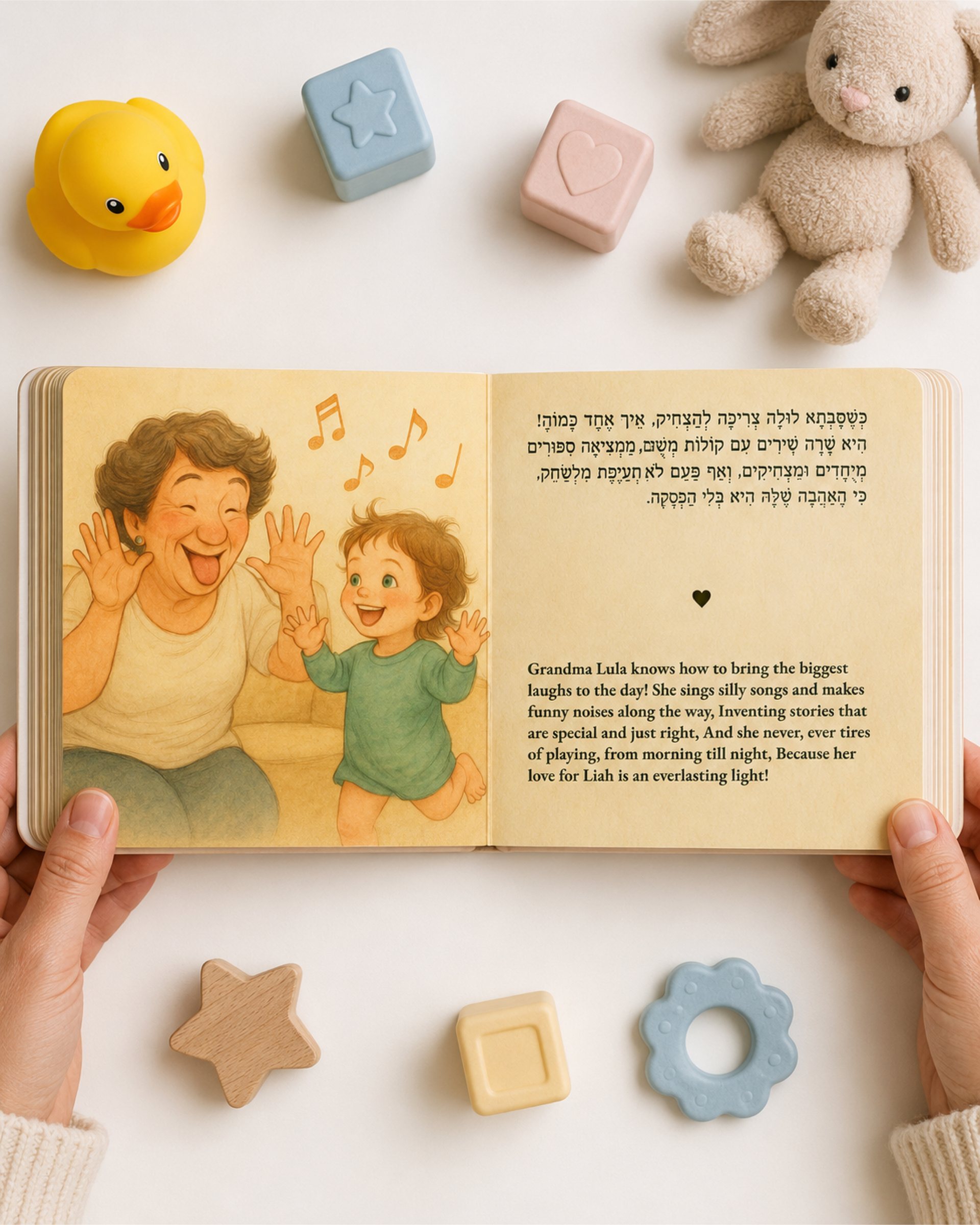 Open spread of The Wide Heart with a grandmother and a toddler singing