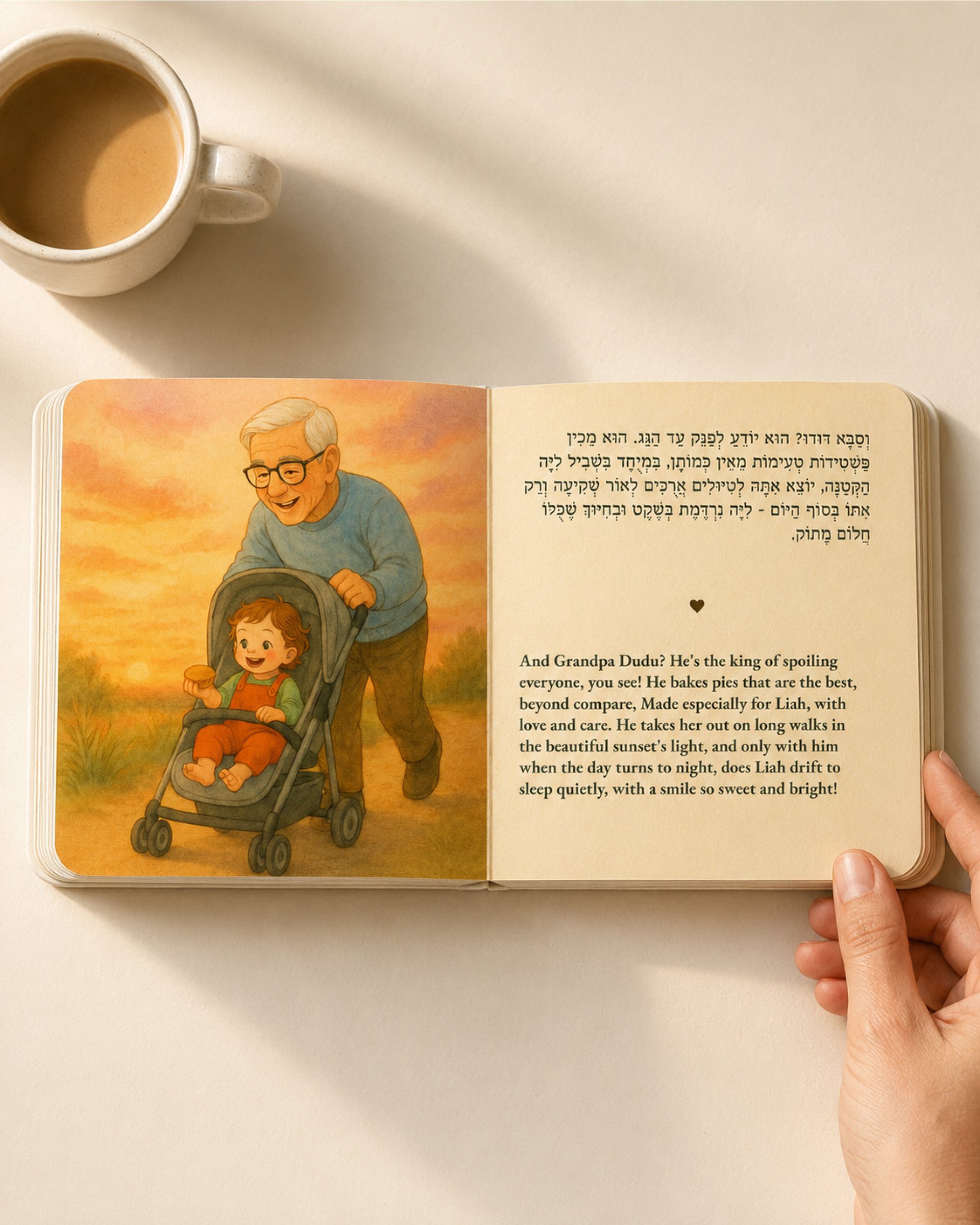 Open spread of The Wide Heart with a grandfather pushing a stroller at sunset