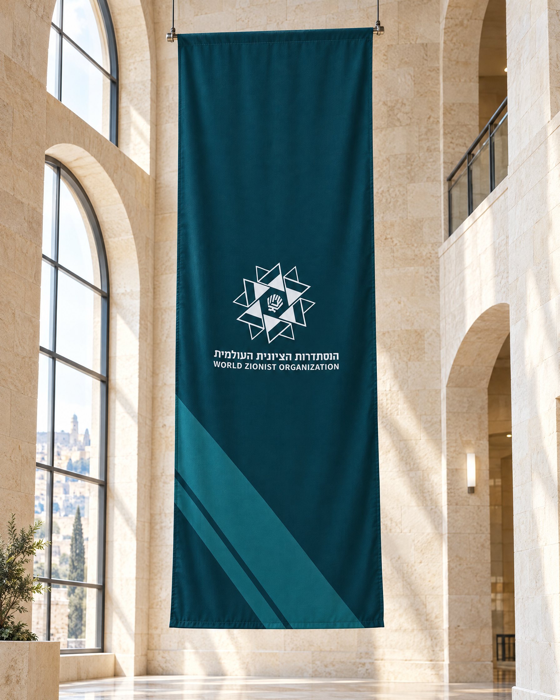 World Zionist Organization banner with its emblem hanging in a stone hall