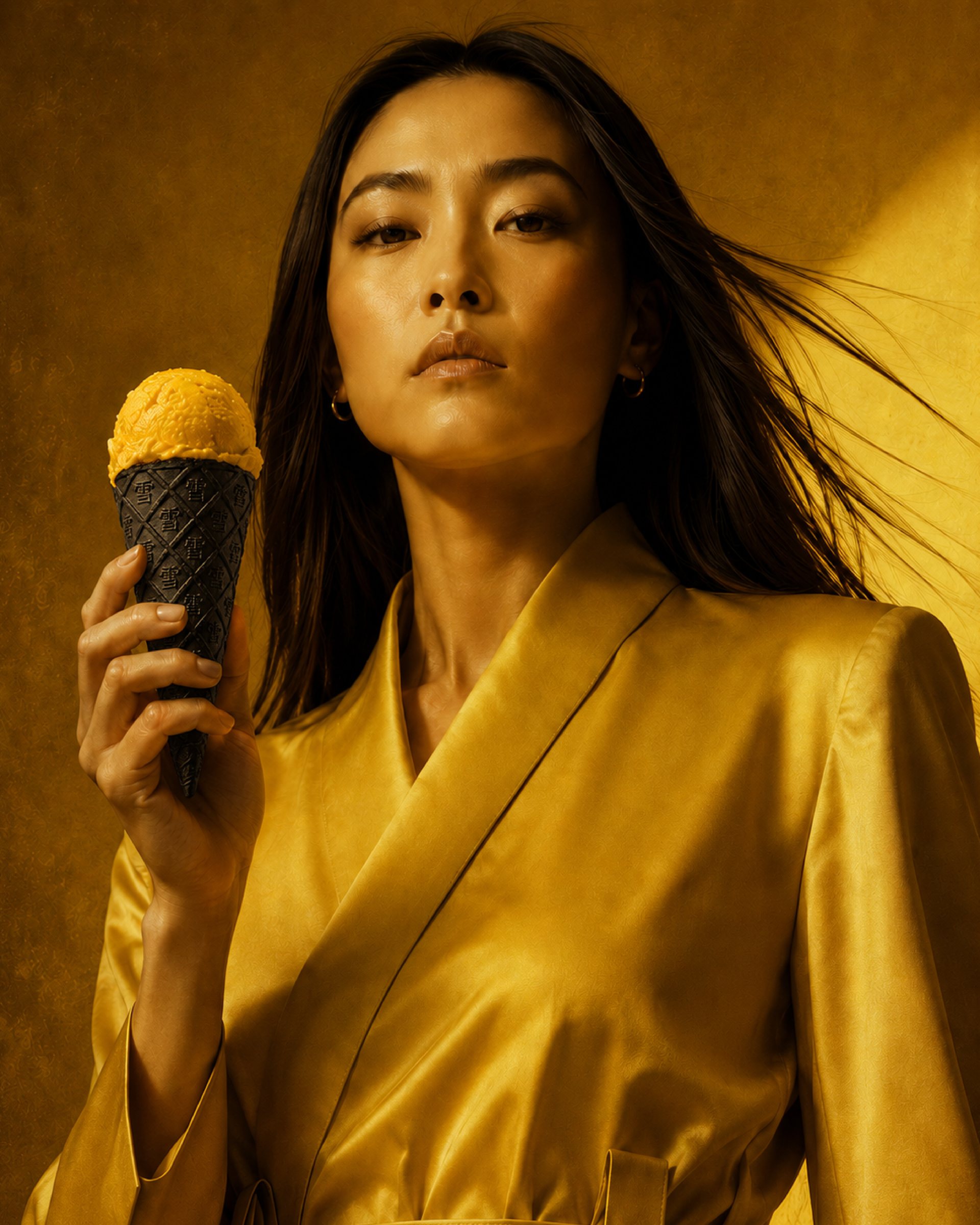 YUKI campaign: woman in gold silk holding a black cone with mango ice cream
