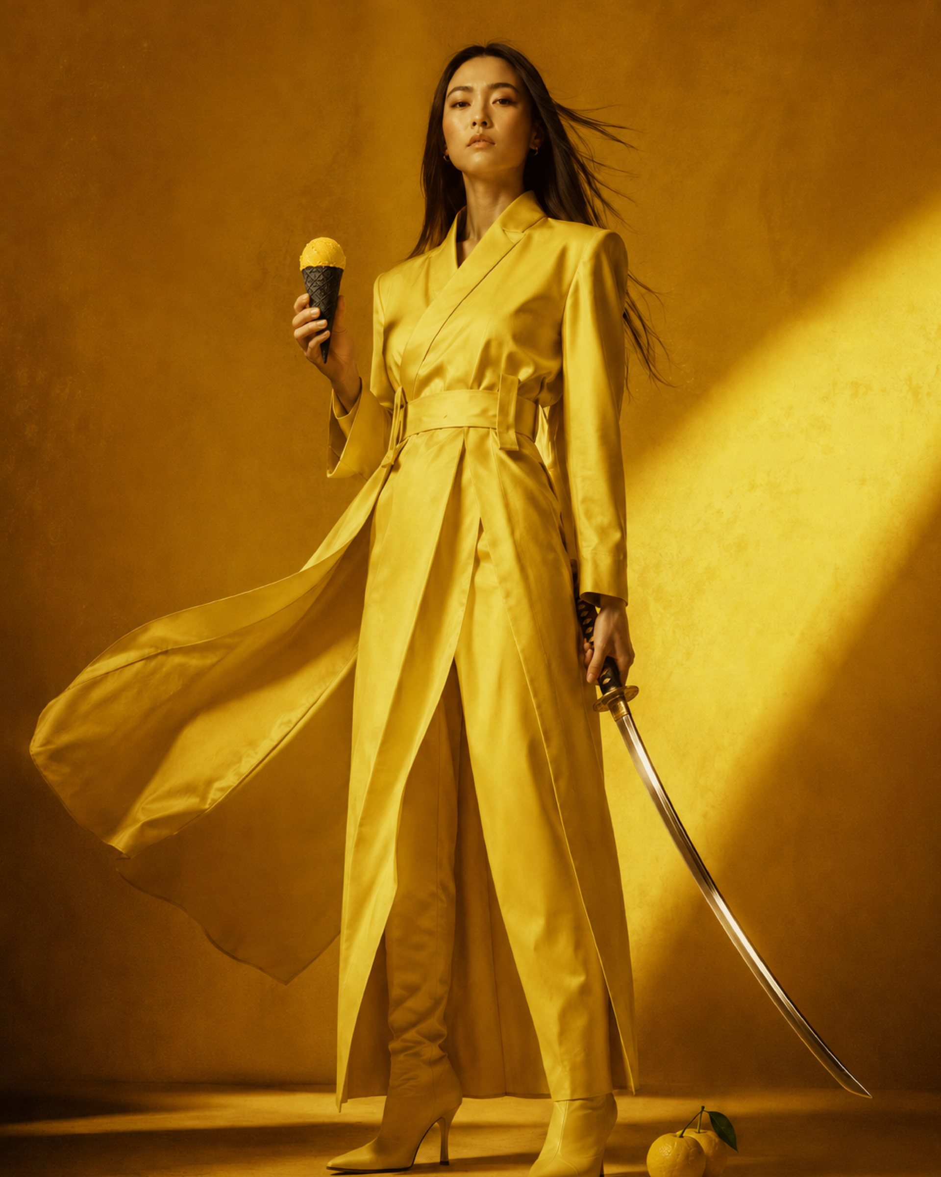 YUKI campaign: woman in a yellow coat holding a cone and a sword