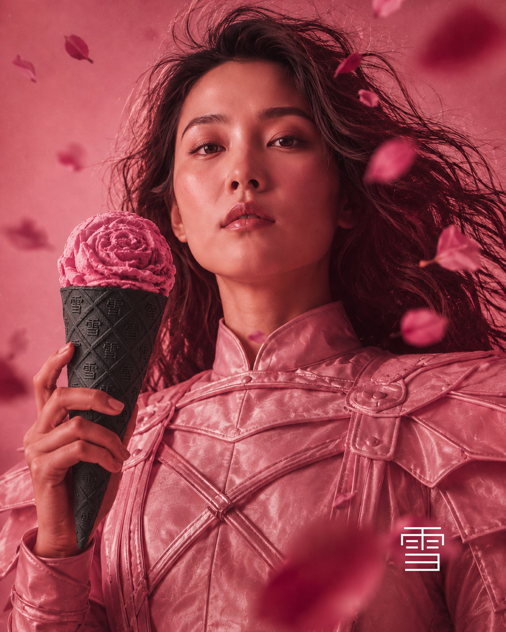 YUKI campaign: woman in pink holding a black cone with pink ice cream