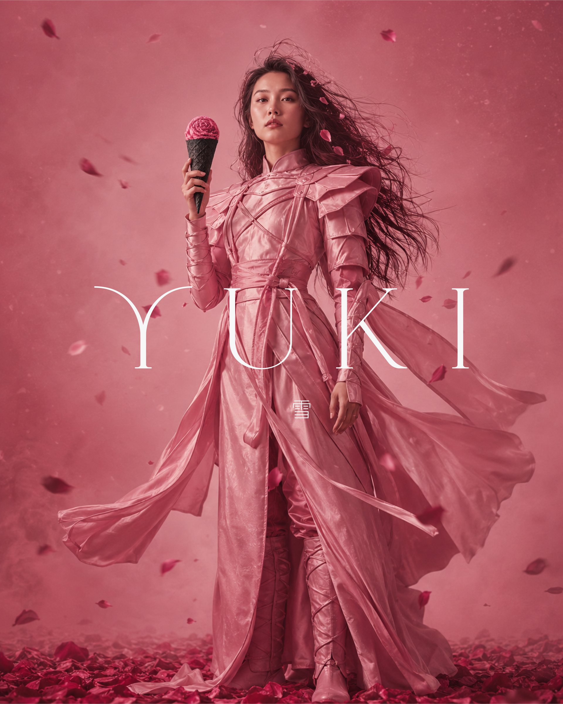 YUKI campaign poster: woman in pink armour with an ice cream cone and the YUKI logo